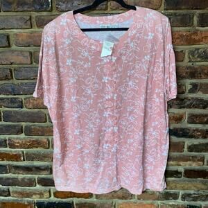 NWT Stefano Pink Floral Short Sleeve Button Up Top w/ Shoulder Pads Size 22/24W